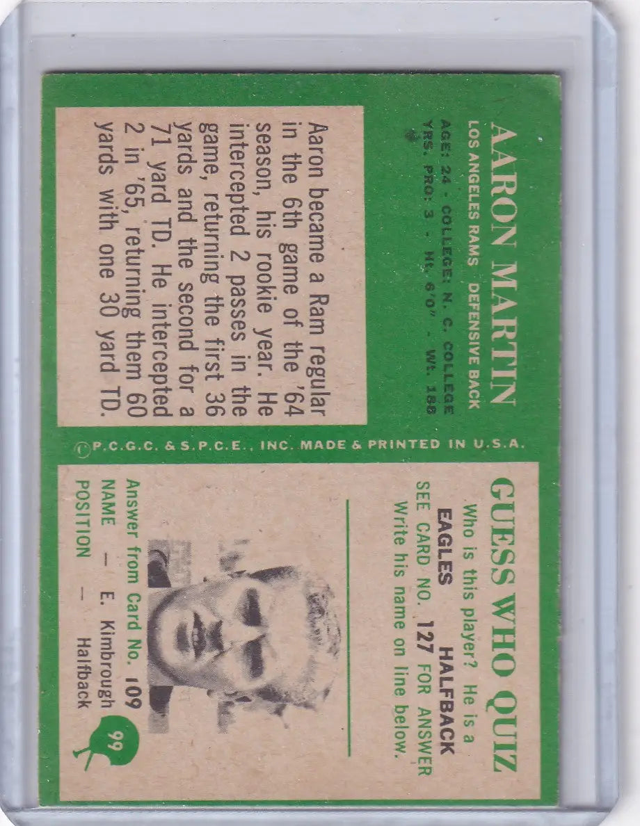Vintage Aaron Martin football card from 1966 Philadelphia Football showcasing Los Angeles Rams player