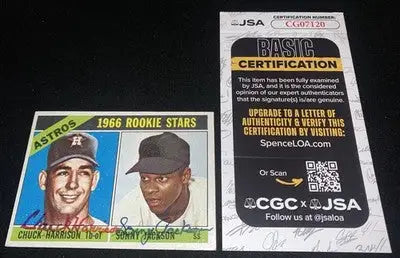 Signed 1966 Rookie Stars baseball card of Sonny Jackson and Chuck Harrison with JSA certification