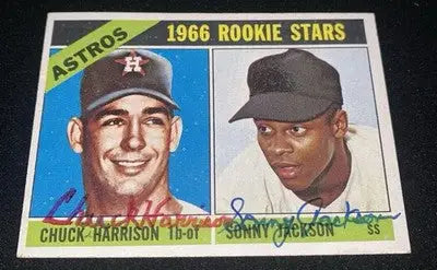1966 Topps baseball rookie card of Sonny Jackson and Chuck Harrison Houston Astros RC AUTO