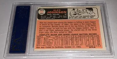 Encased trading card of Philadelphia Phillies Topp’s Alex Johnson 1966 Topps #104 PSA 9