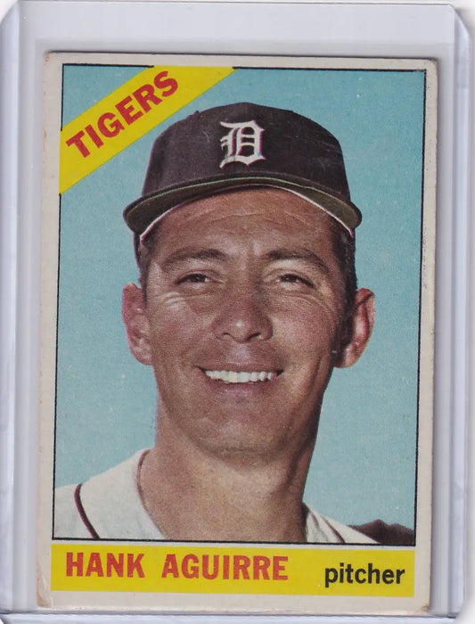 Baseball card of Hank Aguirre, smiling pitcher for the Detroit Tigers in Topps Baseball