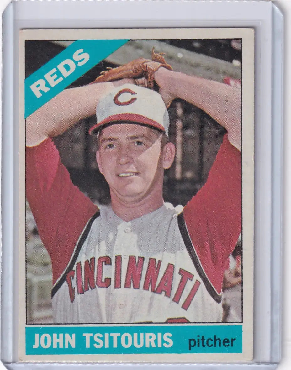 1966 Topps Baseball card of John Tsitouris, Cincinnati Reds pitcher in white uniform