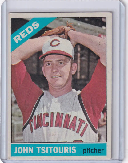 1966 Topps Baseball card of John Tsitouris, Cincinnati Reds pitcher in white uniform