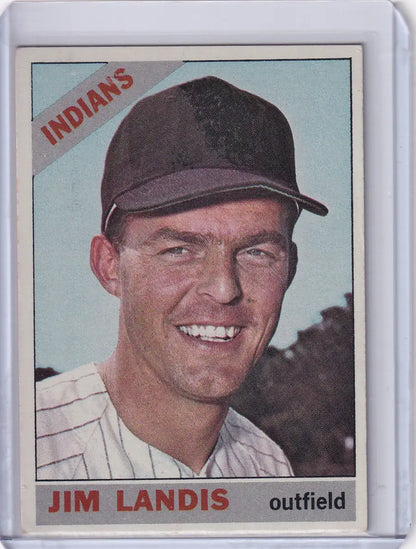 1966 Topps Baseball card of Jim Landis smiling in Cleveland Indians uniform and cap