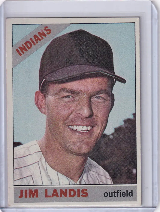 1966 Topps Baseball card of Jim Landis smiling in Cleveland Indians uniform and cap