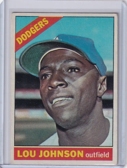 1966 Topps Baseball card featuring Lou Johnson of the Los Angeles Dodgers in a blue cap
