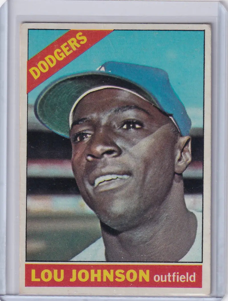 1966 Topps Baseball card featuring Lou Johnson of the Los Angeles Dodgers in a blue cap