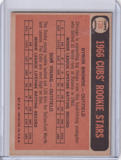 Vintage 1966 Topps Baseball card of Cubs Rookies Byron Browne and Don Young RC