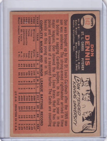 Vintage 1966 Topps Baseball card of Don Dennis featuring St. Louis Cardinals stats