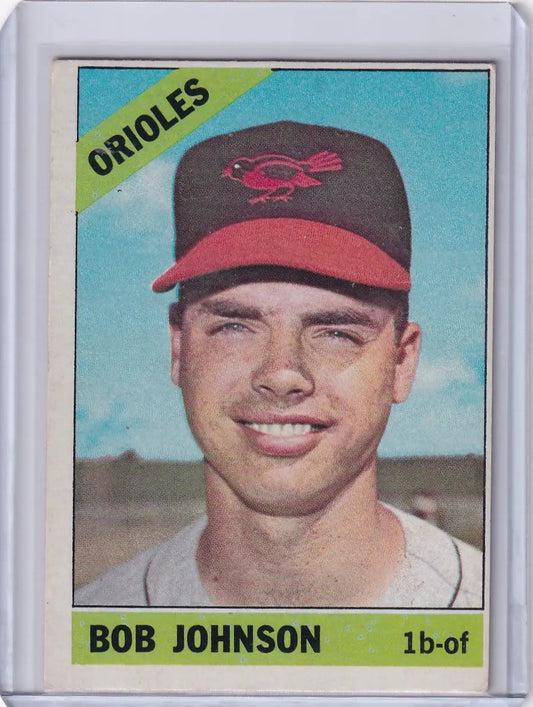 1966 Topps Baseball card of Bob Johnson smiling in Baltimore Orioles uniform