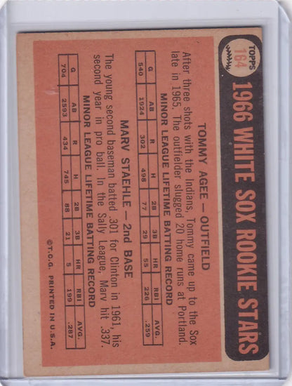 Vintage 1966 Topps Baseball card of White Sox Rookies Tommie Agee and Marv Staehle