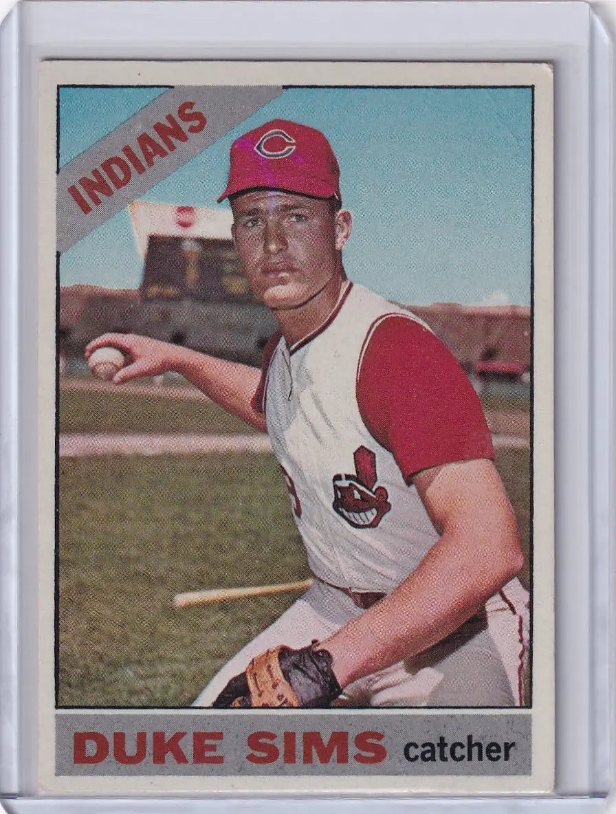 1966 Topps Baseball card of Duke Sims, Cleveland Indians catcher in uniform