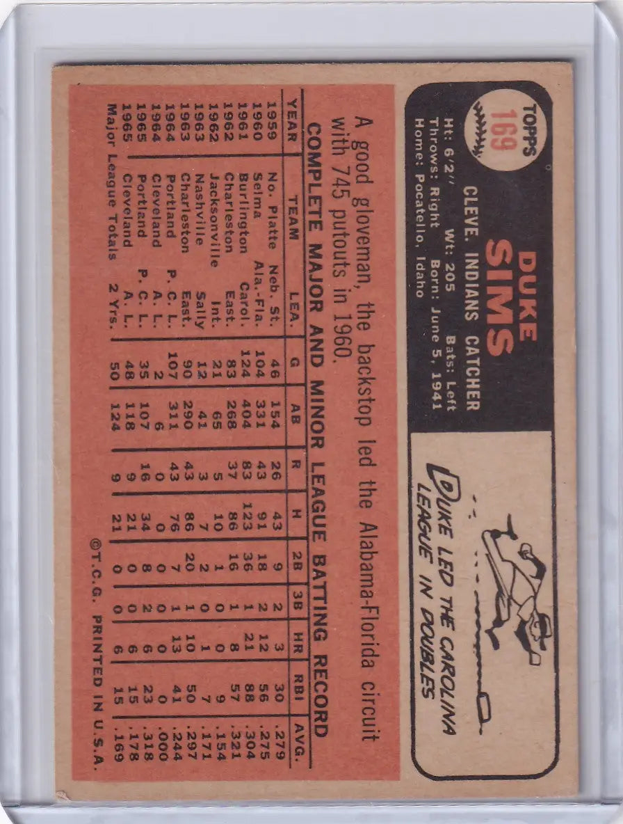 Topps Baseball card of Duke Sims with player stats on reddish-orange background