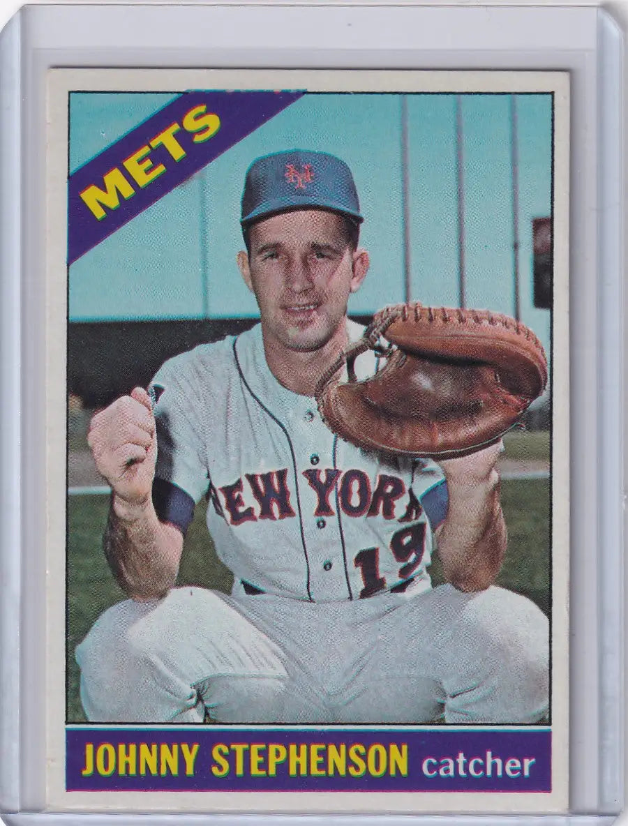 Vintage 1966 Topps Baseball card of John Stephenson, New York Mets catcher in uniform