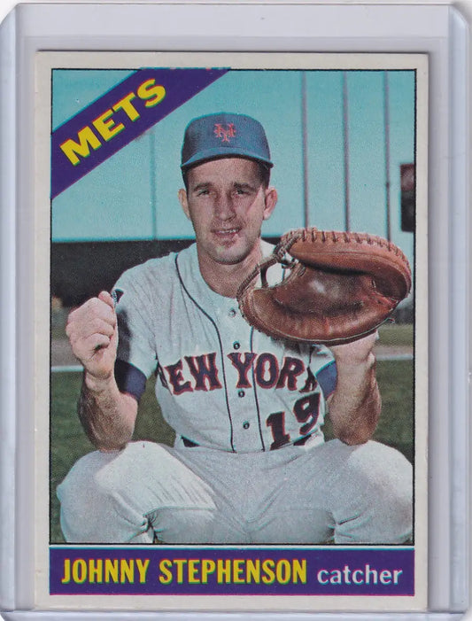 Vintage 1966 Topps Baseball card of John Stephenson, New York Mets catcher in uniform