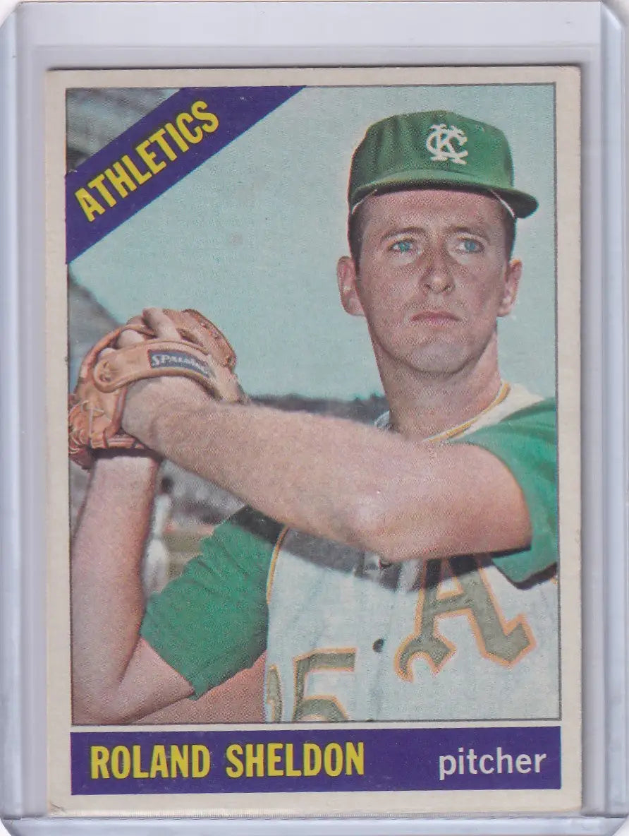 Vintage 1966 Topps Baseball card of Roland Sheldon from Kansas City Athletics in green uniform