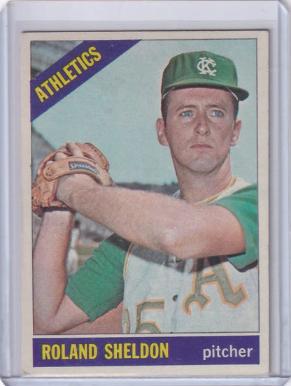 Vintage 1966 Topps Baseball card of Roland Sheldon from Kansas City Athletics in green uniform