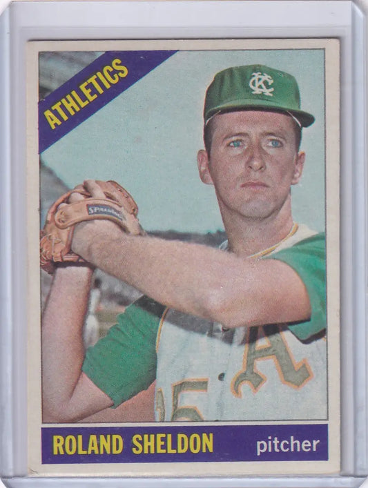 Vintage 1966 Topps Baseball card of Roland Sheldon from Kansas City Athletics in green uniform