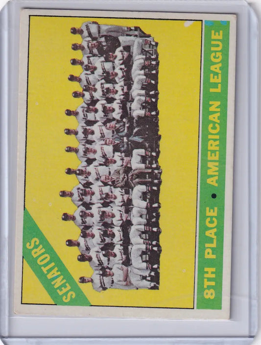 1966 Topps Baseball #194 featuring Washington Senators team photo on yellow background
