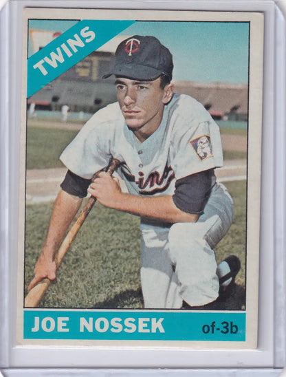 1966 Topps Baseball card of Joe Nossek in a crouched batting stance for Minnesota Twins