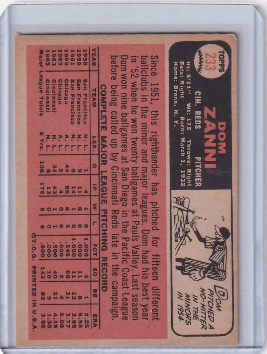 Vintage Topps Baseball card #233 Dom Zanni featuring Cincinnati Reds stats on pink background