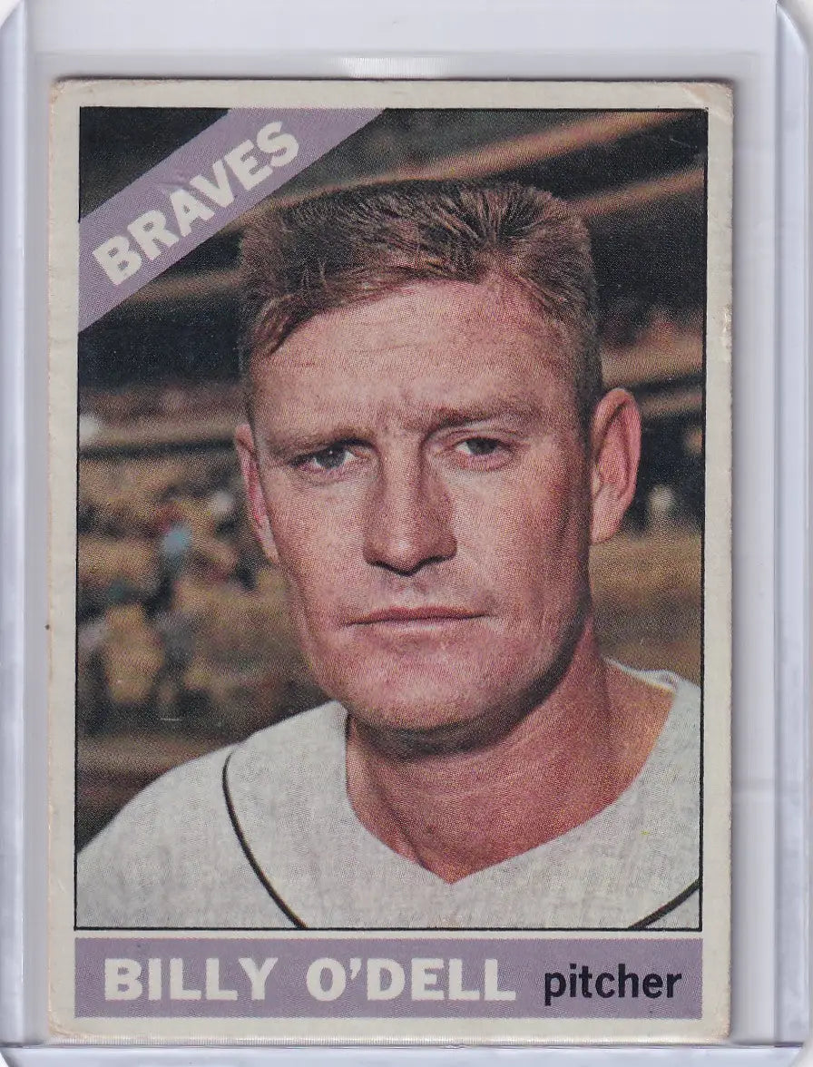 Baseball card of Billy O’Dell in Braves uniform from 1966 Topps Baseball series