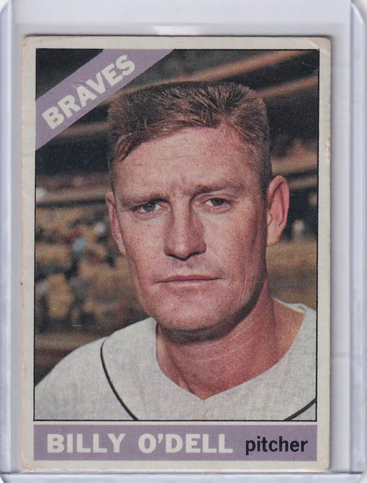 Baseball card of Billy O’Dell in Braves uniform from 1966 Topps Baseball series
