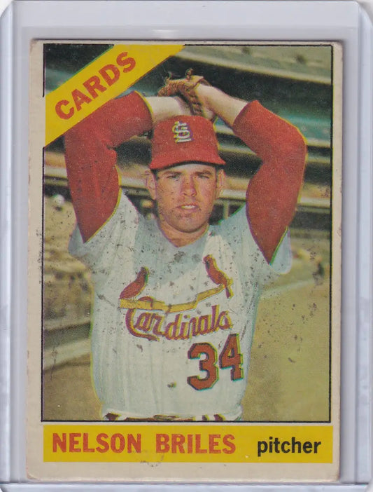 1966 Topps Baseball card of Nelson Briles, St. Louis Cardinals pitcher in action