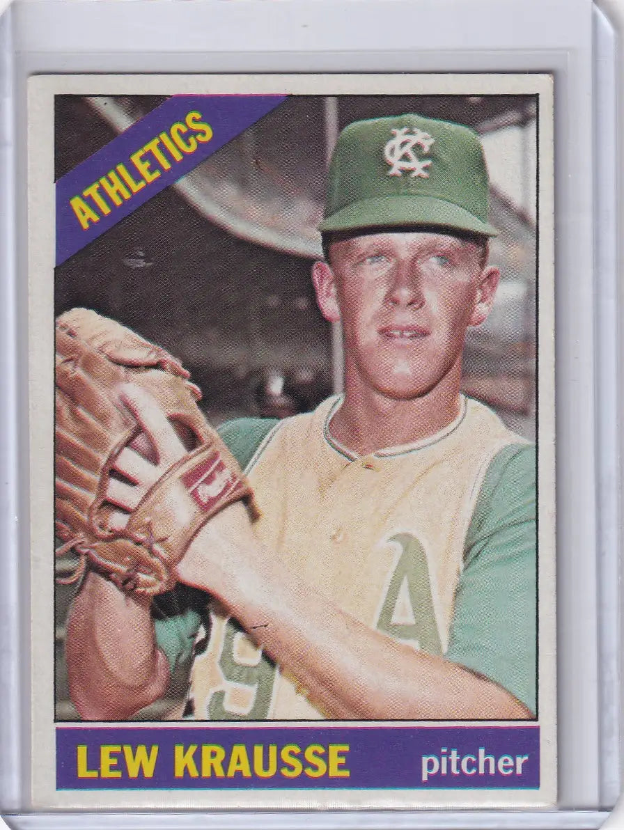 Baseball card of Lew Krausse, pitcher for Kansas City Athletics in green cap and jersey
