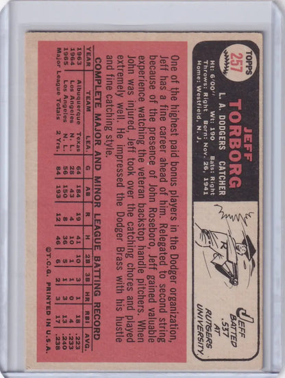 Vintage 1966 Topps Baseball card of Jeff Torborg with Los Angeles Dodgers stats and artwork