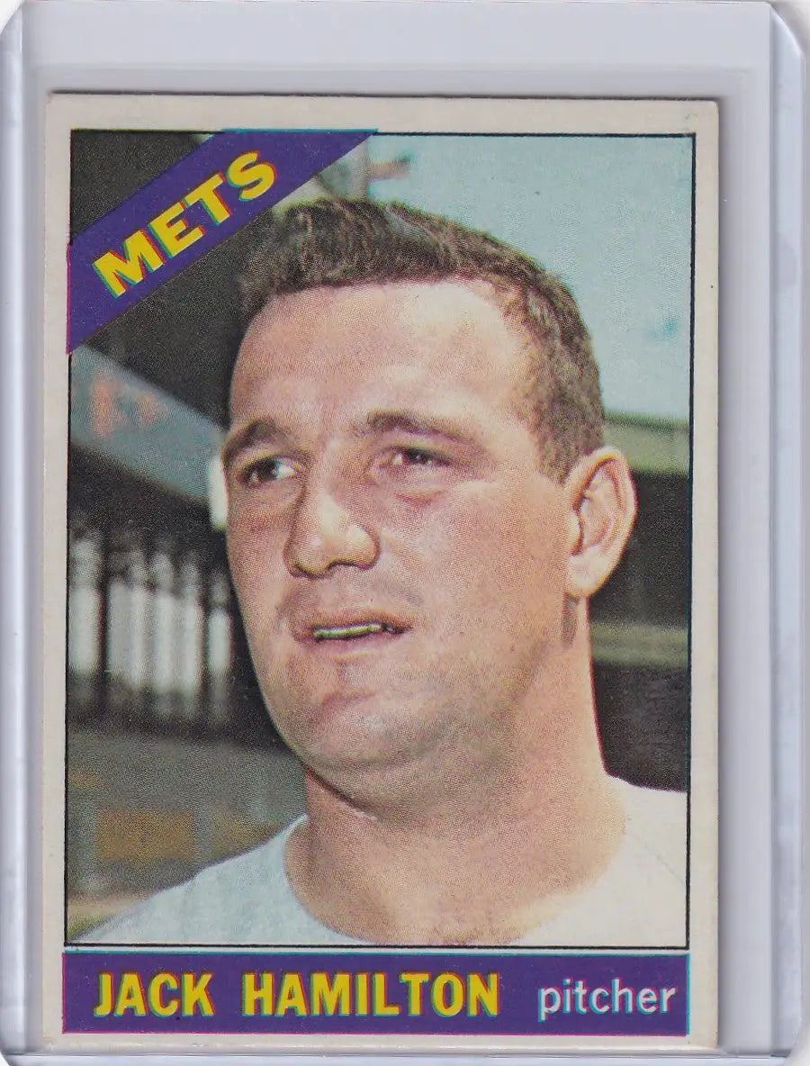Vintage Topps Baseball card of Jack Hamilton, New York Mets pitcher from 1966