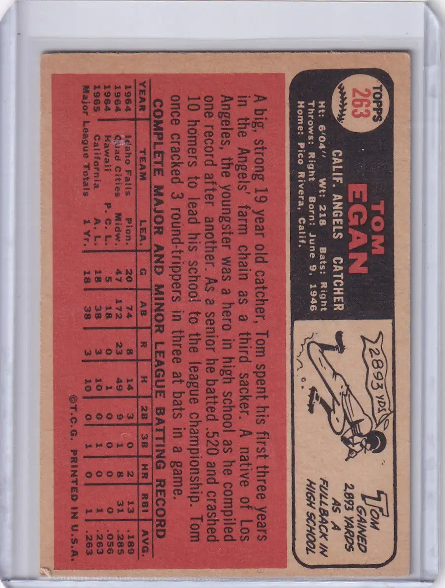 Vintage 1966 Topps Baseball card of Tom Egan featuring California Angels stats