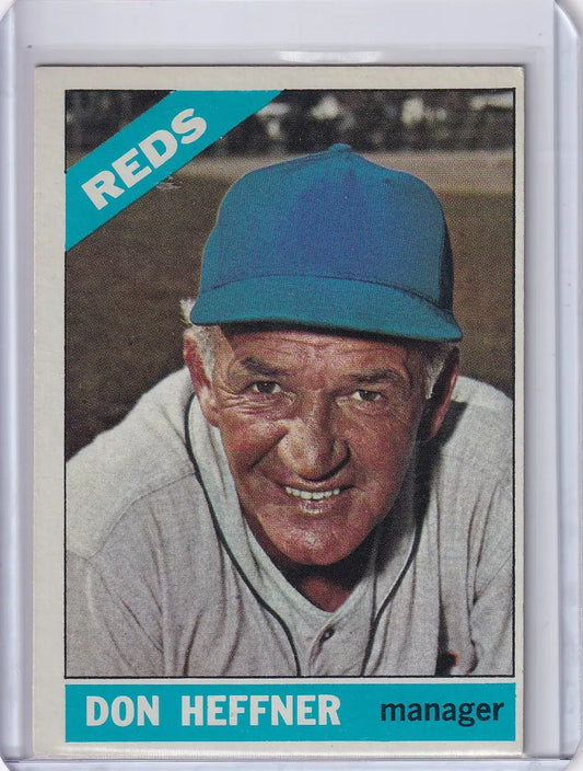 1966 Topps Baseball card of Don Heffner, smiling Cincinnati Reds manager in uniform