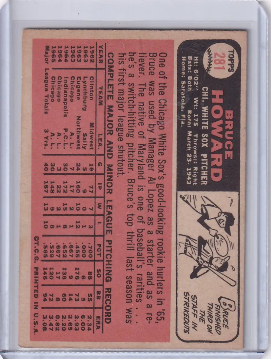 Vintage 1966 Topps Baseball card of Bruce Howard, Chicago White Sox player statistics