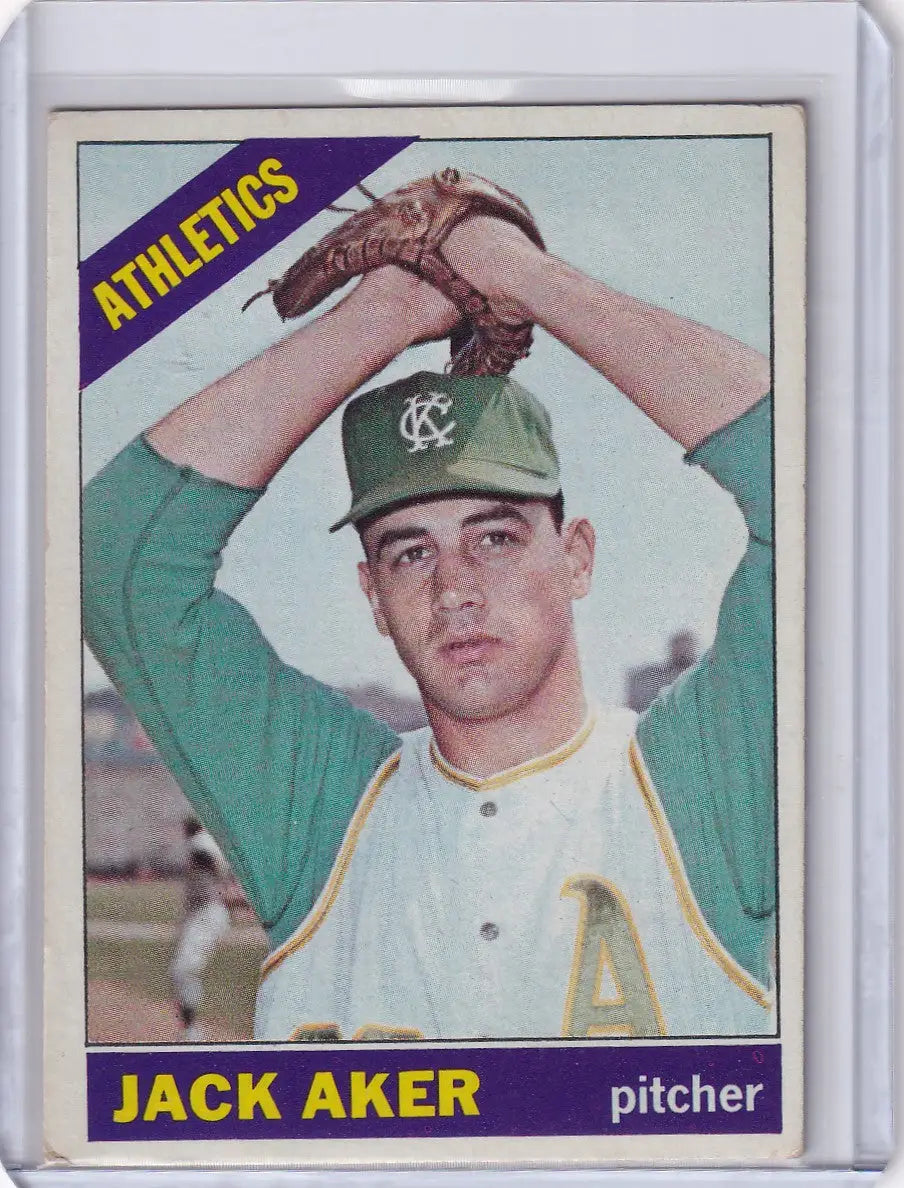 Baseball card of Jack Aker from the Kansas City Athletics in a wind-up pose