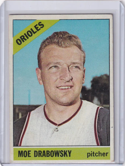 Baseball card of Moe Drabowsky from 1966 Topps Baseball, Baltimore Orioles uniform