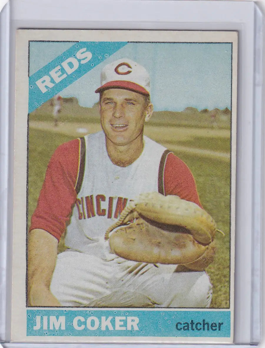 1966 Topps Baseball card of Jimmie Coker, Cincinnati Reds catcher in uniform