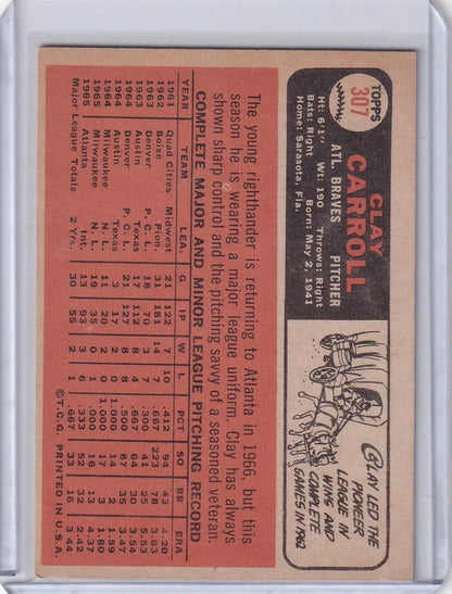 Vintage 1966 Topps Baseball card of Clay Carroll featuring Atlanta Braves stats