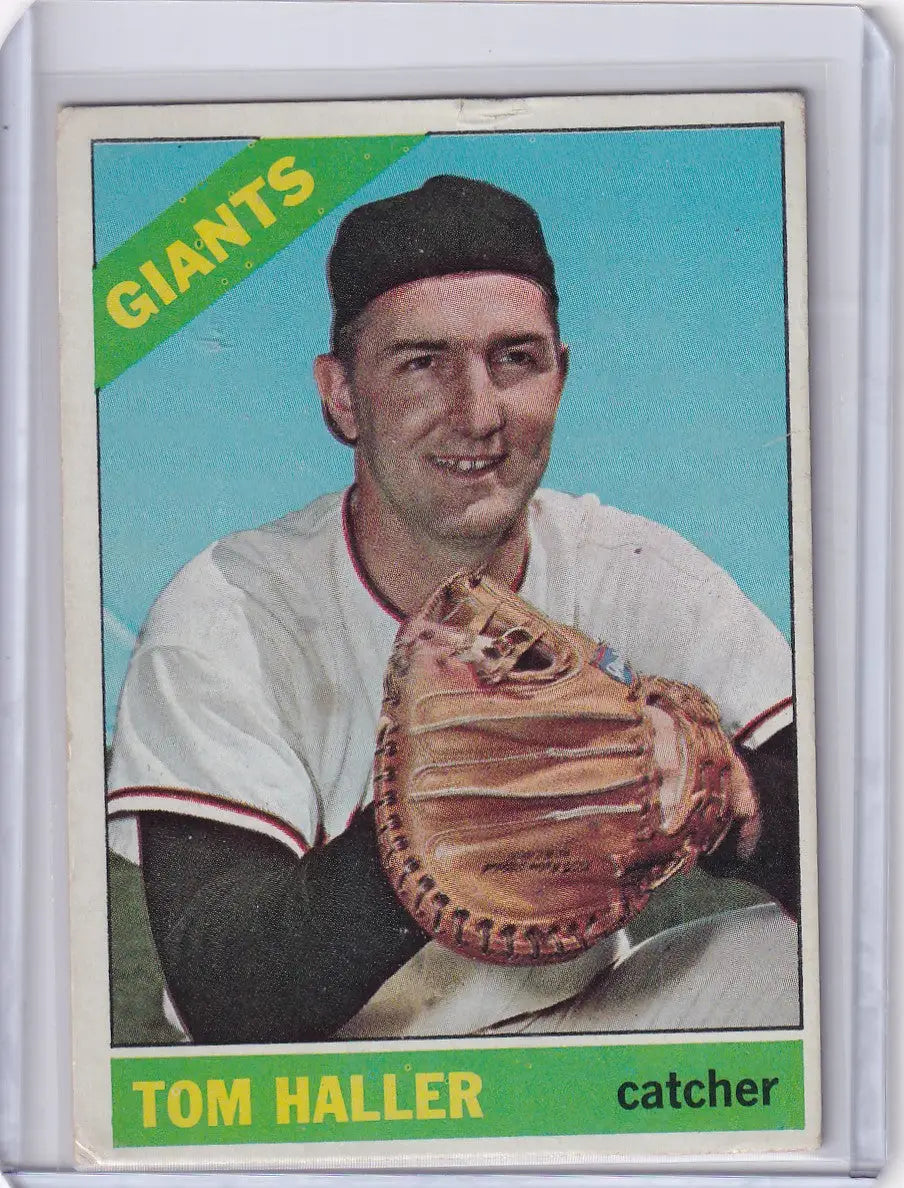 Vintage Topps Baseball card of Tom Haller, smiling catcher for San Francisco Giants