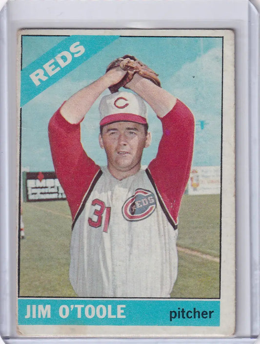 1966 Topps Baseball card of Jim O’Toole, Cincinnati Reds pitcher in a pitching stance