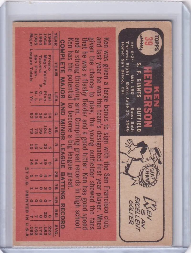 1966 Topps Baseball #39 Ken Henderson - San Francisco Giants