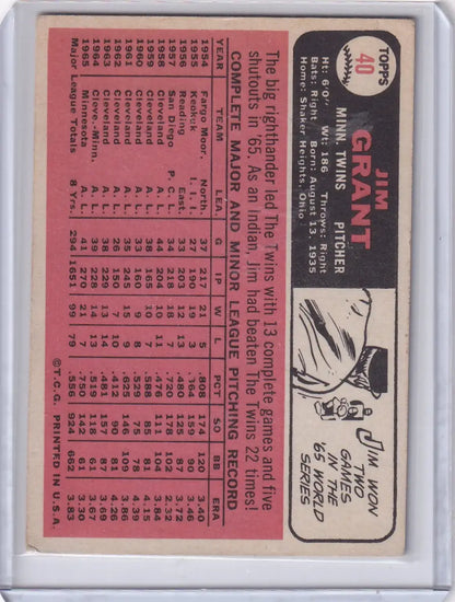 Vintage Topps Baseball card of Mudcat Grant with Minnesota Twins stats on pink background