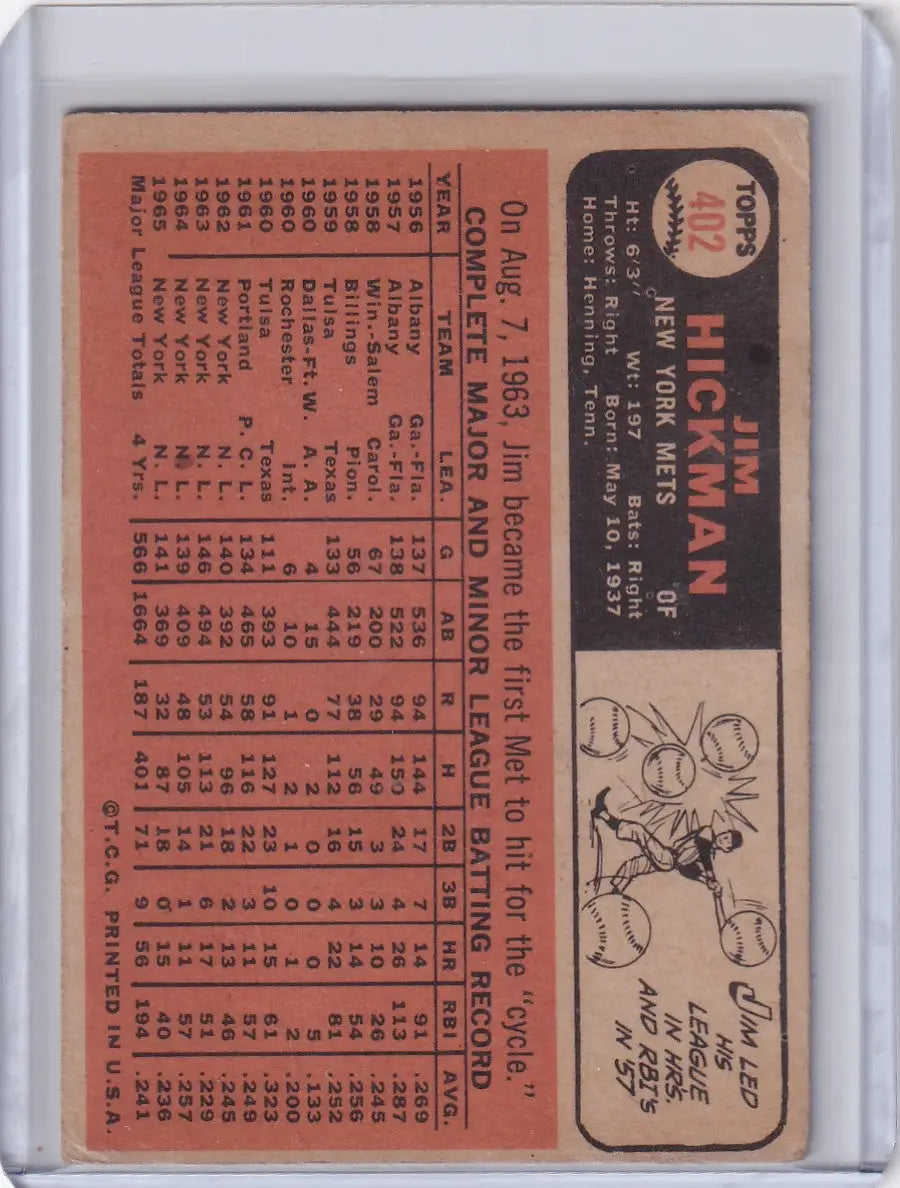 Vintage Topps Baseball card featuring Jim Hickman with New York Mets player statistics