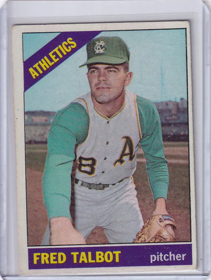Baseball card of Fred Talbot for Kansas City Athletics in green and white uniform