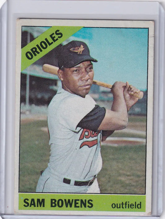 1966 Topps Baseball card of Sam Bowens from the Baltimore Orioles in batting stance