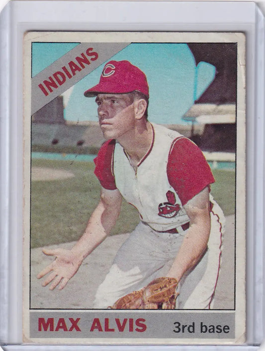 1966 Topps Baseball card of Max Alvis in batting stance for Cleveland Indians