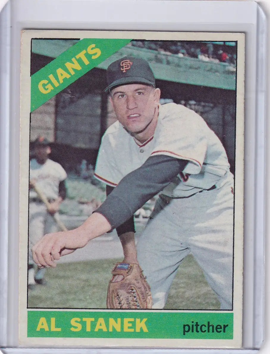 Baseball card of Al Stanek San Francisco Giants pitcher in white uniform by Topps Baseball