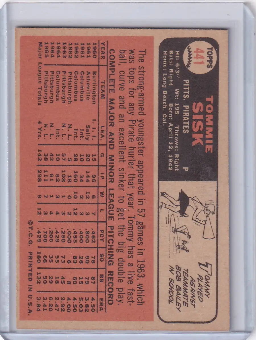 1966 Topps Baseball #441 Tommie Sisk - Pittsburgh Pirates