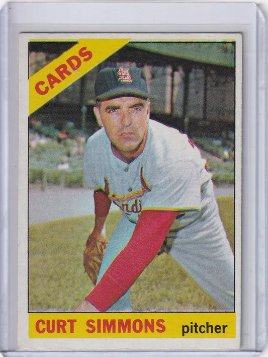 1966 Topps Baseball card of Curt Simmons in pitching stance for St. Louis Cardinals
