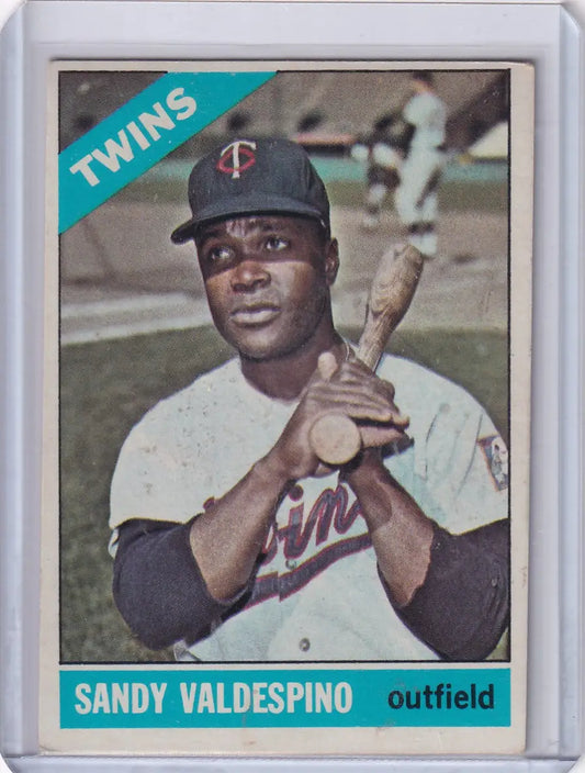 1966 Topps Baseball card of Sandy Valdespino in batting stance for Minnesota Twins
